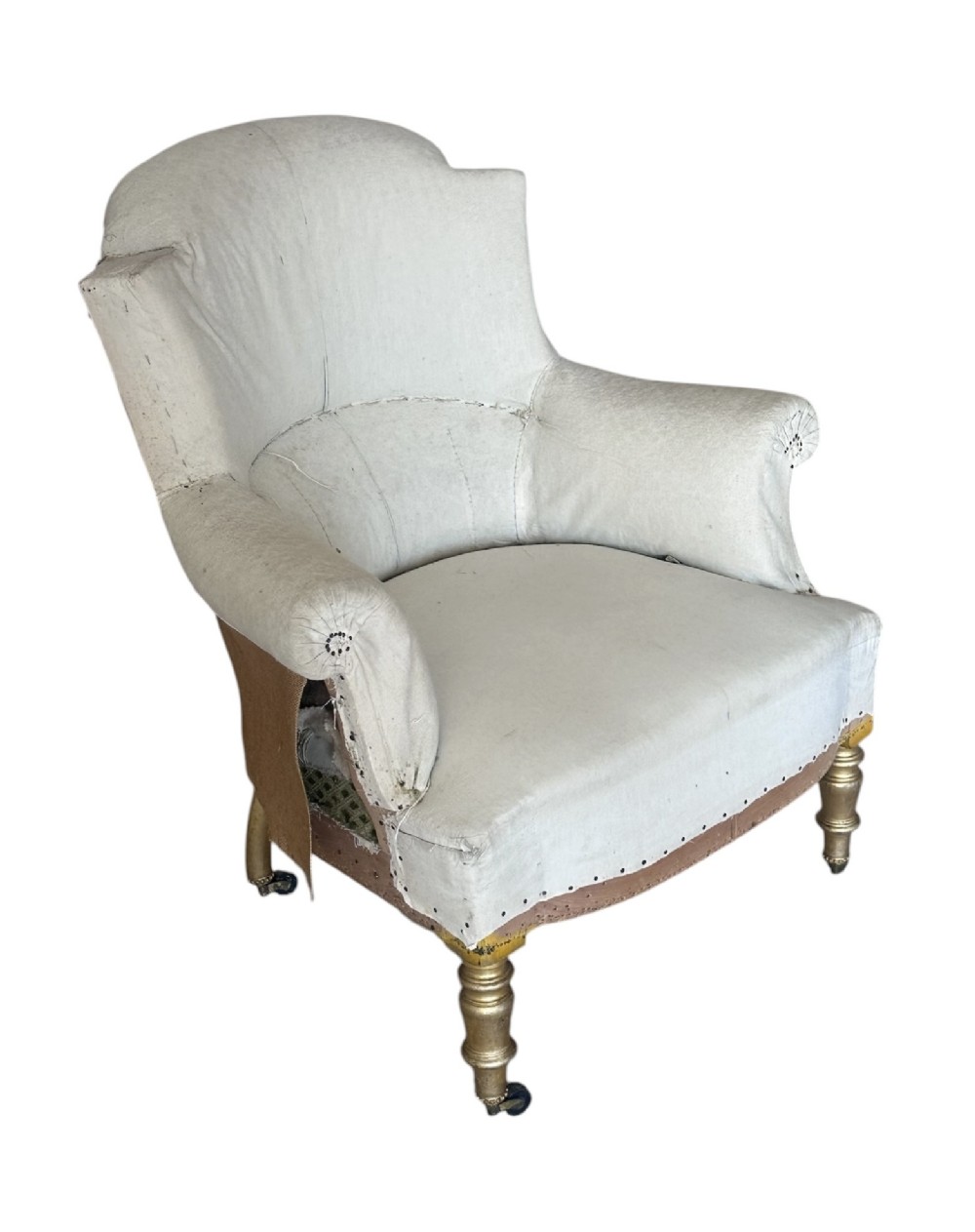 A two-piece late nineteenth-century French duchesse brisee chaise longue in calico upholstery featuring turned gilded legs on castors. View III