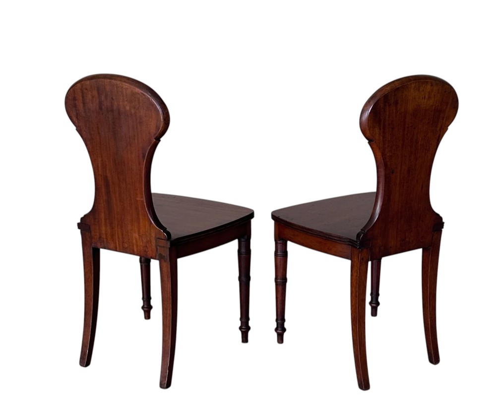 A pair of antique dark mahogany hall chairs featuring oval backrests decorated with painted armorial crest medallions, solid timber seats, and turned front legs. View III