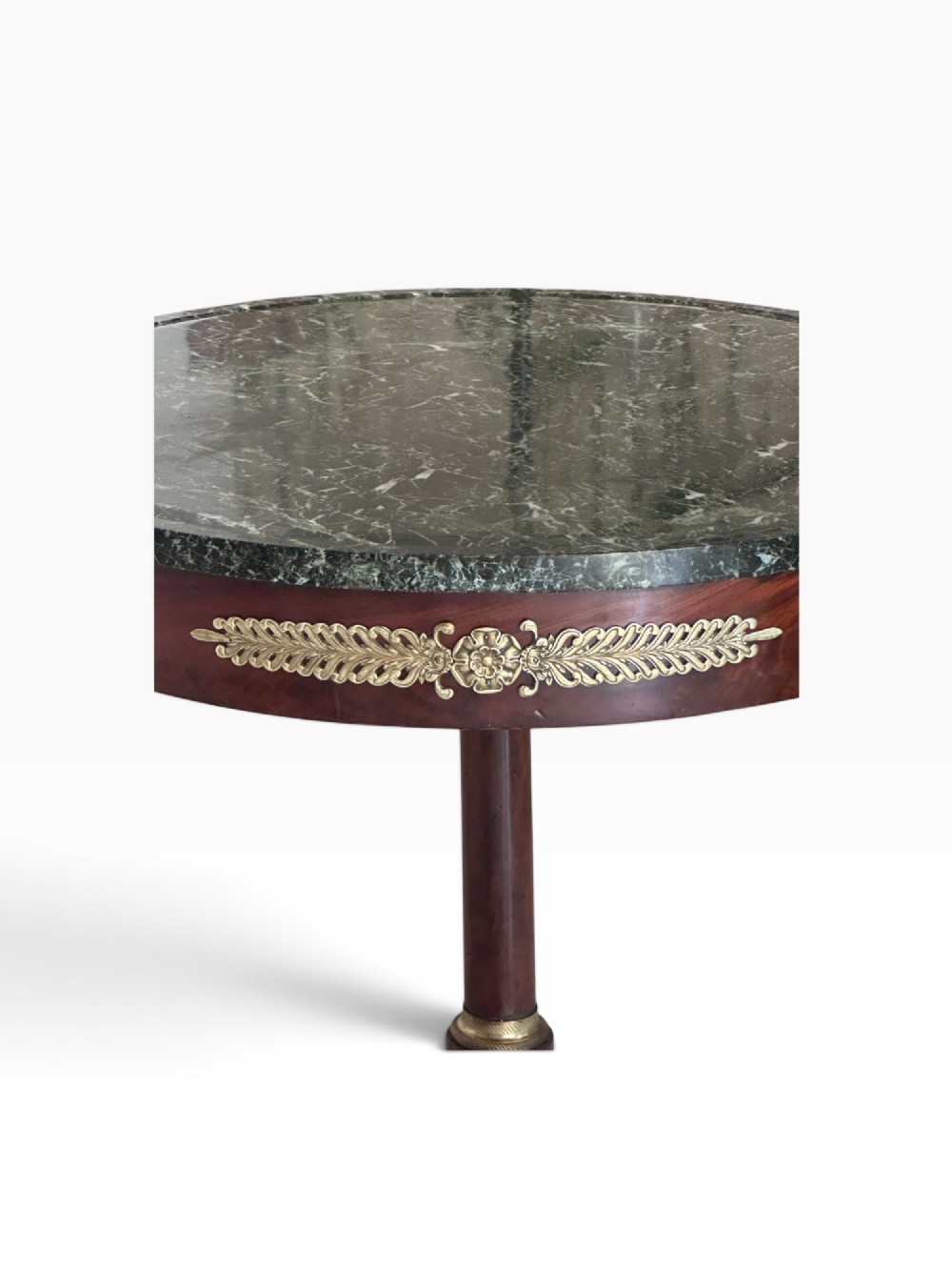 A 19th-century French Empire gueridon centre table featuring a polished circular green marble top, mahogany frame with gilded bronze mounts, three column legs, and a triform base. View III
