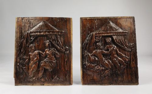 A Pair of 16th Century Erotic Carved Oak Panels.
