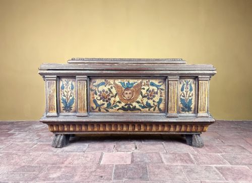 A Small 17th Century Italian Polychrome Sarcophagus Cassone.