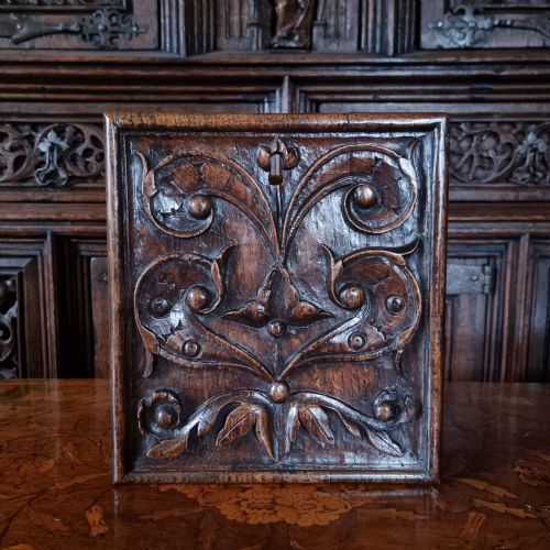 A 17th Century Carved Oak Panel.