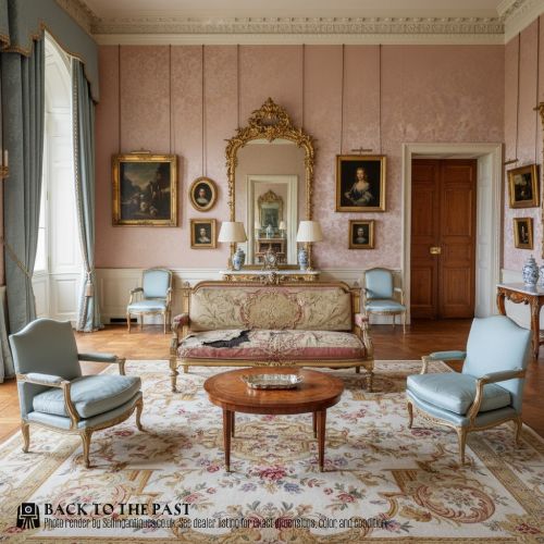 fig 1. A 19th-century giltwood settee featuring detailed frame carvings, padded armrests, and distressed floral tapestry upholstery.