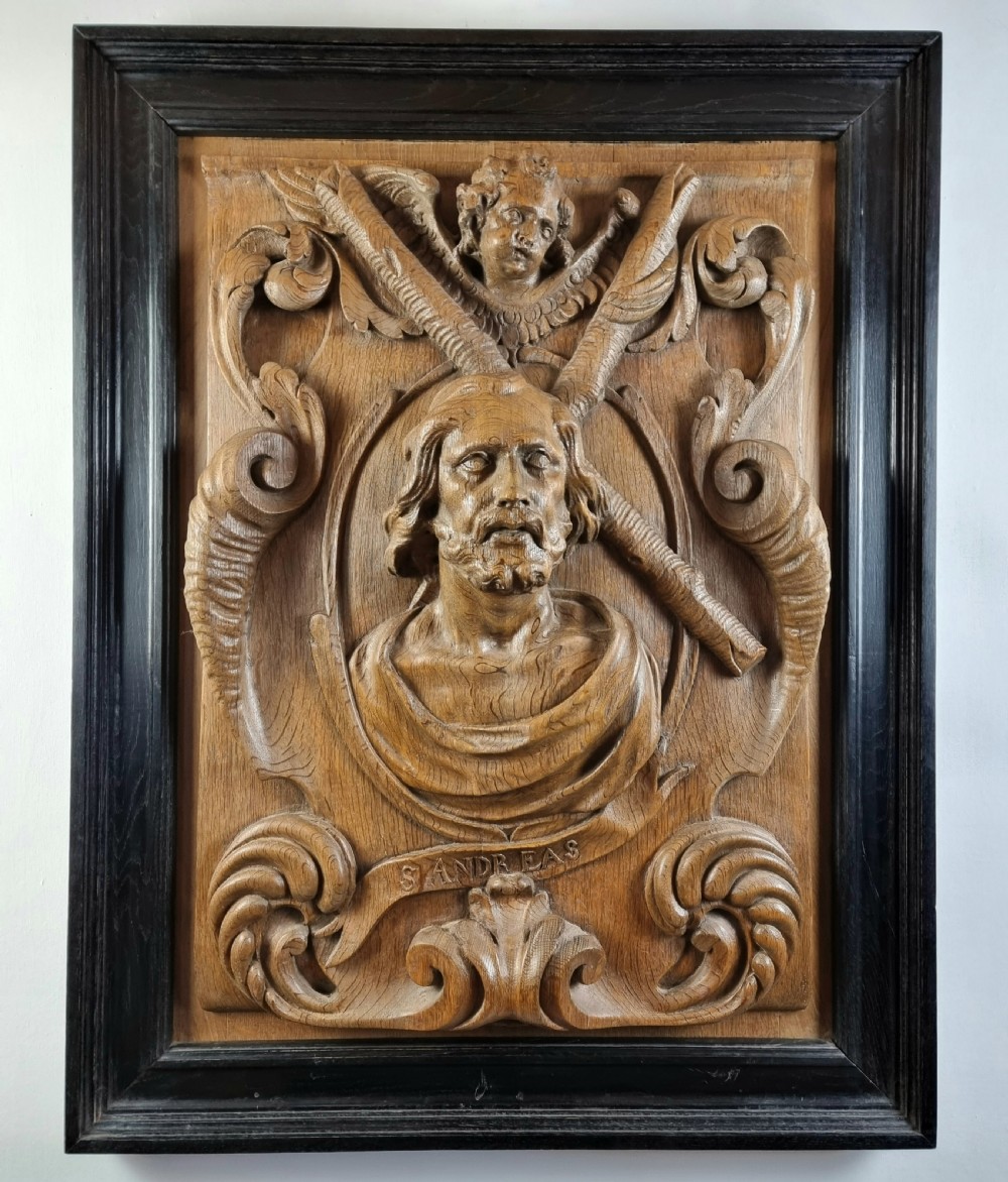 A large 17th century carved St Andreas, (Andrew). 
