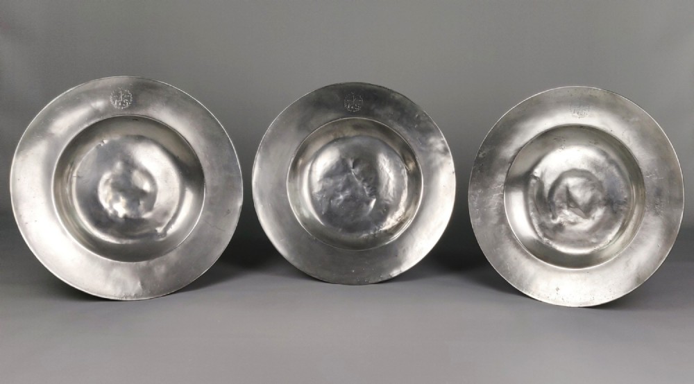 A Rare Set Of Three Late 17th Century Pewter Chargers.