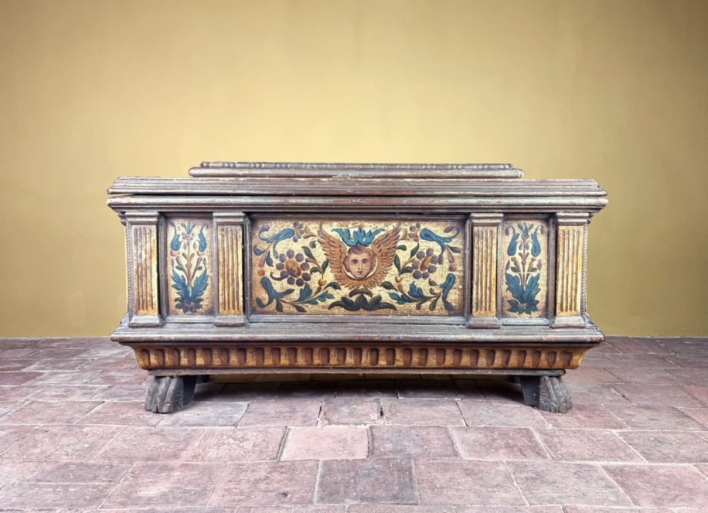 A Small 17th Century Italian Polychrome Sarcophagus Cassone.