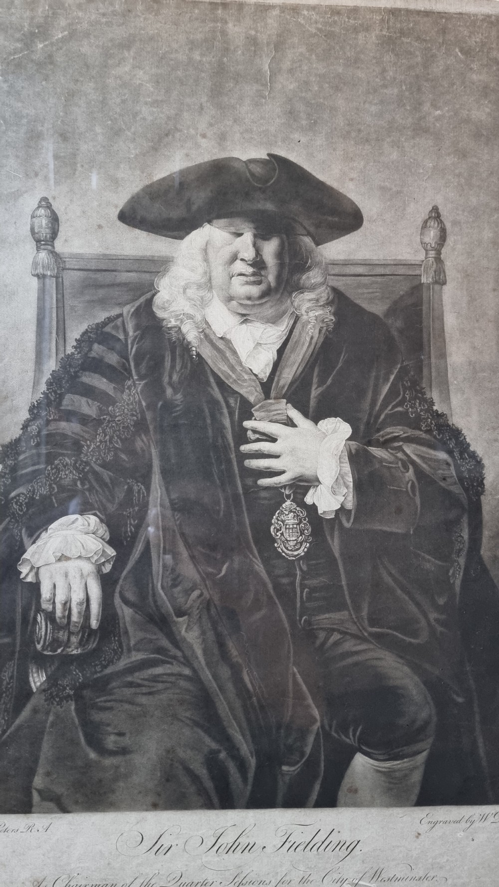 A large 18th century Mezzotint of Sir John fielding.  View III