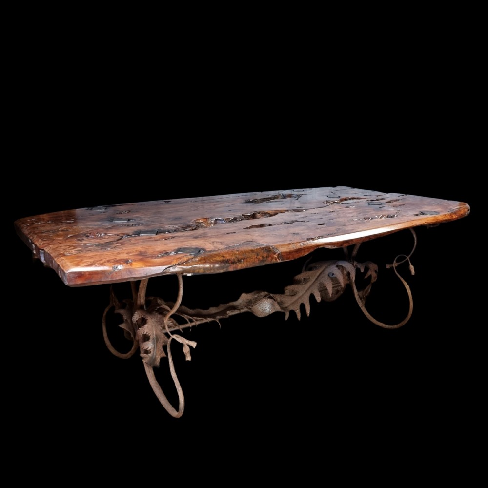 A massive sculptural yew wood refectory table. View II