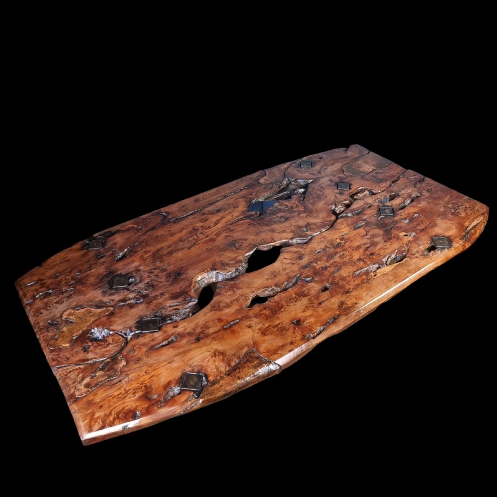 A massive sculptural yew wood refectory table. View VI