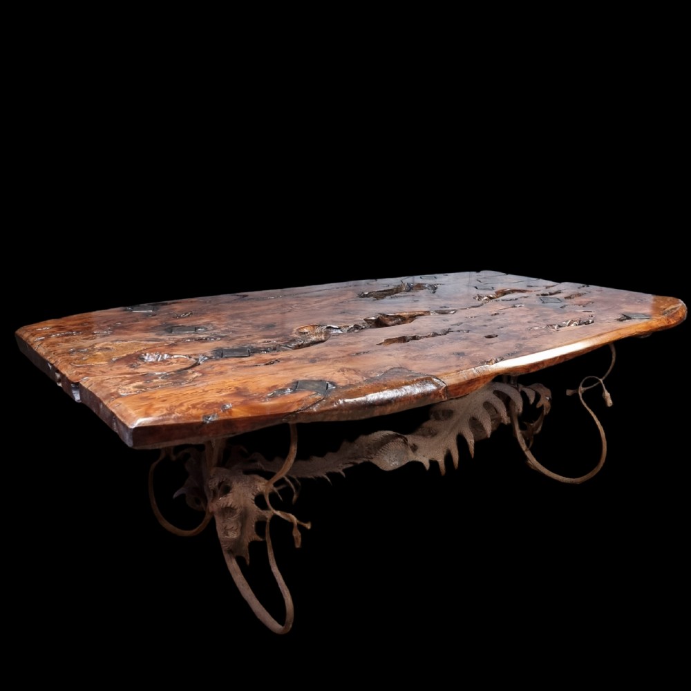 A massive sculptural yew wood refectory table. View XIII