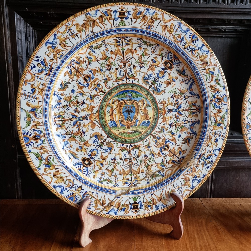 A large pair of 19th century majolica chargers. View IV