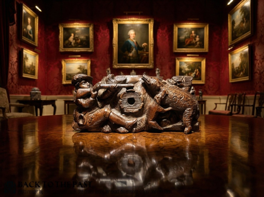 A late 17th-century carved oak relief panel depicting a hunter taking aim with a musket at a wild boar and hunting dog. View II