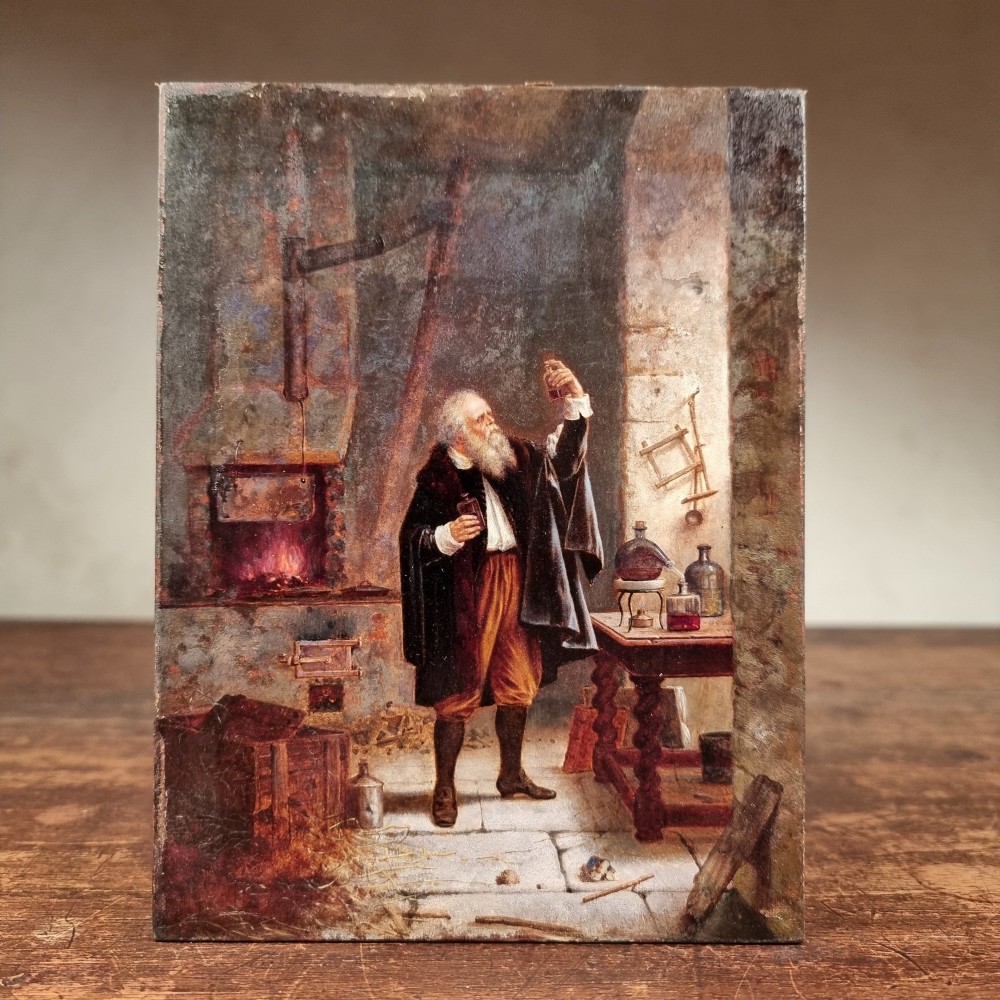 An 18th-century oil painting on a wooden panel depicting a bearded alchemist examining a small glass flask inside a stone laboratory with a hearth and scientific apparatus.