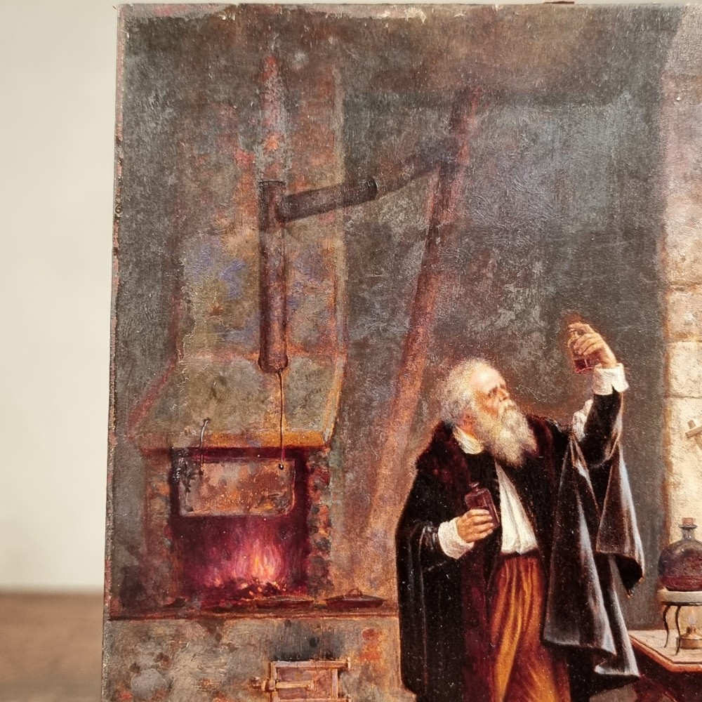An 18th-century oil painting on a wooden panel depicting a bearded alchemist examining a small glass flask inside a stone laboratory with a hearth and scientific apparatus. View III