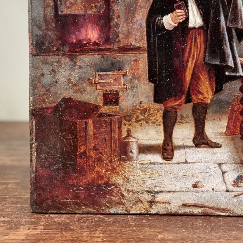 An 18th-century oil painting on a wooden panel depicting a bearded alchemist examining a small glass flask inside a stone laboratory with a hearth and scientific apparatus. View IV
