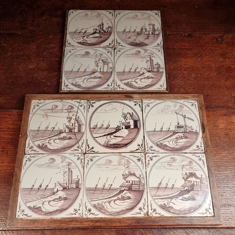Ten eighteenth-century manganese delft tiles with hand-painted coastal landscapes set in circular reserves, mounted in two wooden frames.