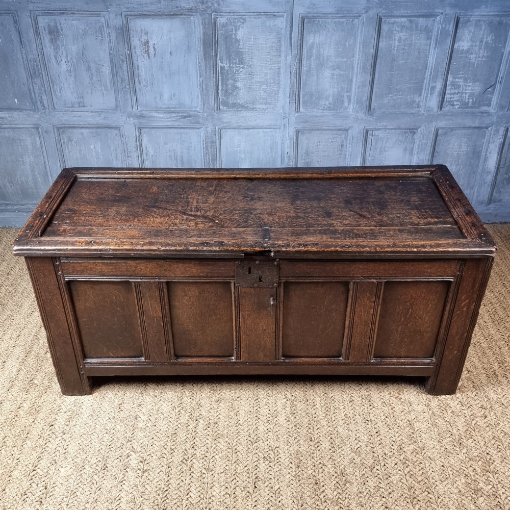 A late Elizabethan dark oak coffer with a rectangular hinged lid, iron lockplate, and panelled front facade. View II