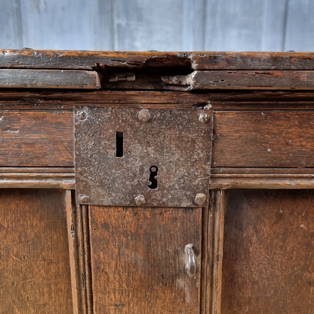 A late Elizabethan dark oak coffer with a rectangular hinged lid, iron lockplate, and panelled front facade. View III