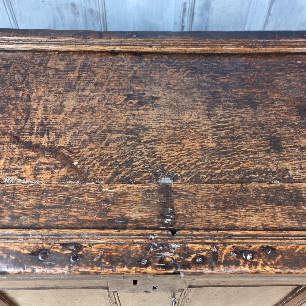 A late Elizabethan dark oak coffer with a rectangular hinged lid, iron lockplate, and panelled front facade. View V