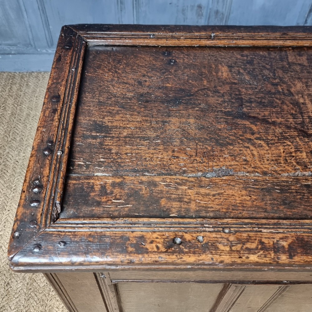 A late Elizabethan dark oak coffer with a rectangular hinged lid, iron lockplate, and panelled front facade. View VI