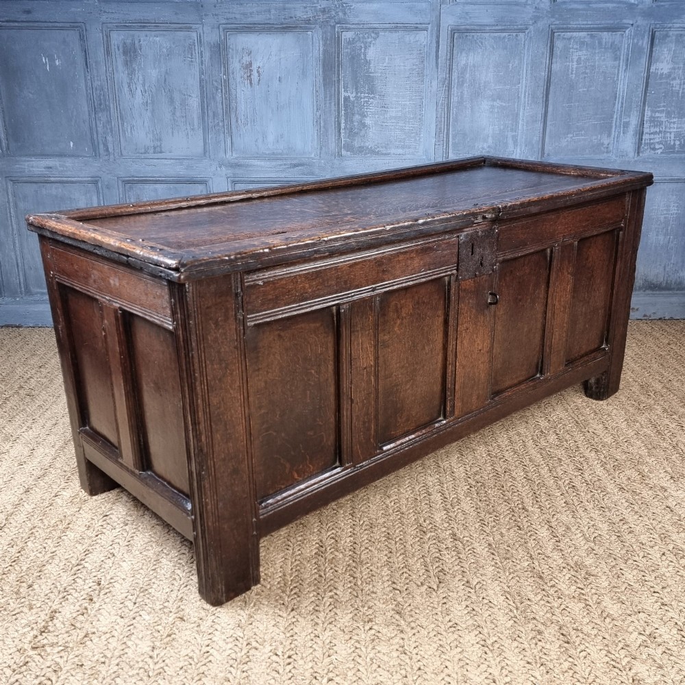 A late Elizabethan dark oak coffer with a rectangular hinged lid, iron lockplate, and panelled front facade. View VIII