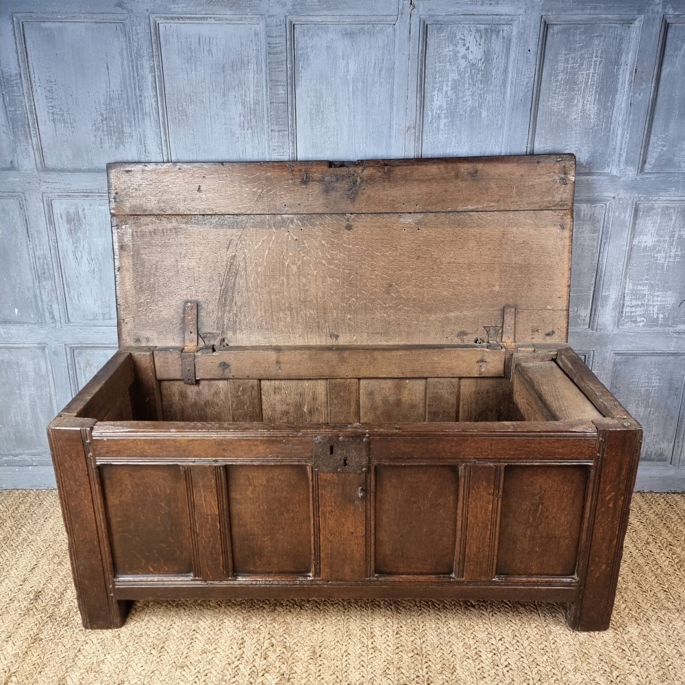 A late Elizabethan dark oak coffer with a rectangular hinged lid, iron lockplate, and panelled front facade. View X