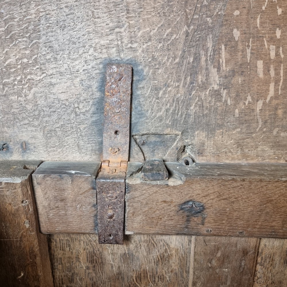 A late Elizabethan dark oak coffer with a rectangular hinged lid, iron lockplate, and panelled front facade. View XI