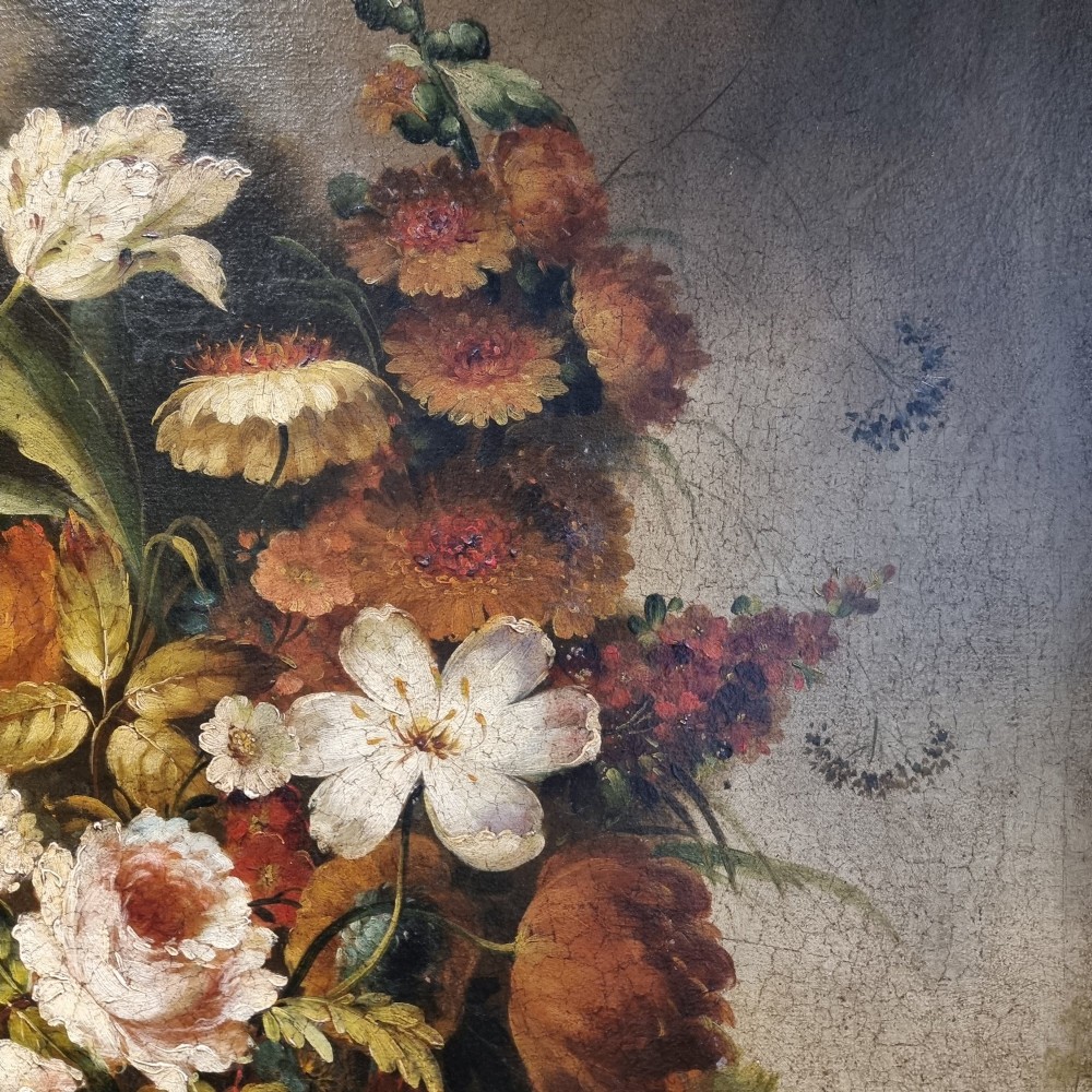An 18th-century style oil painting on canvas depicting a floral arrangement in an urn with fruit at the base, housed within a gilded wooden frame. View VI