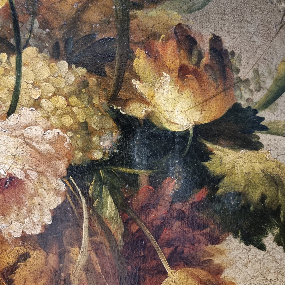 An 18th-century style oil painting on canvas depicting a floral arrangement in an urn with fruit at the base, housed within a gilded wooden frame. View XIII