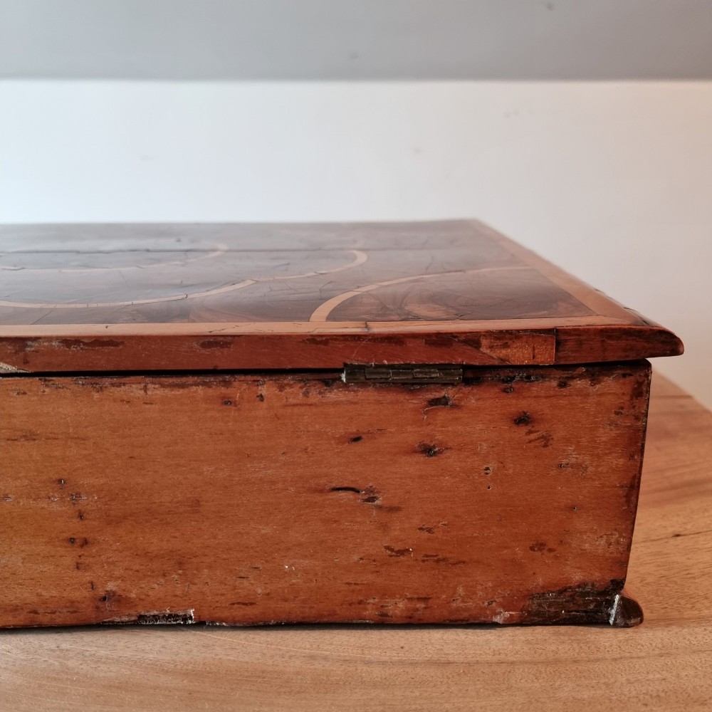 A rectangular William and Mary period walnut lace box featuring concentric oyster veneer patterns on the hinged lid. View XI