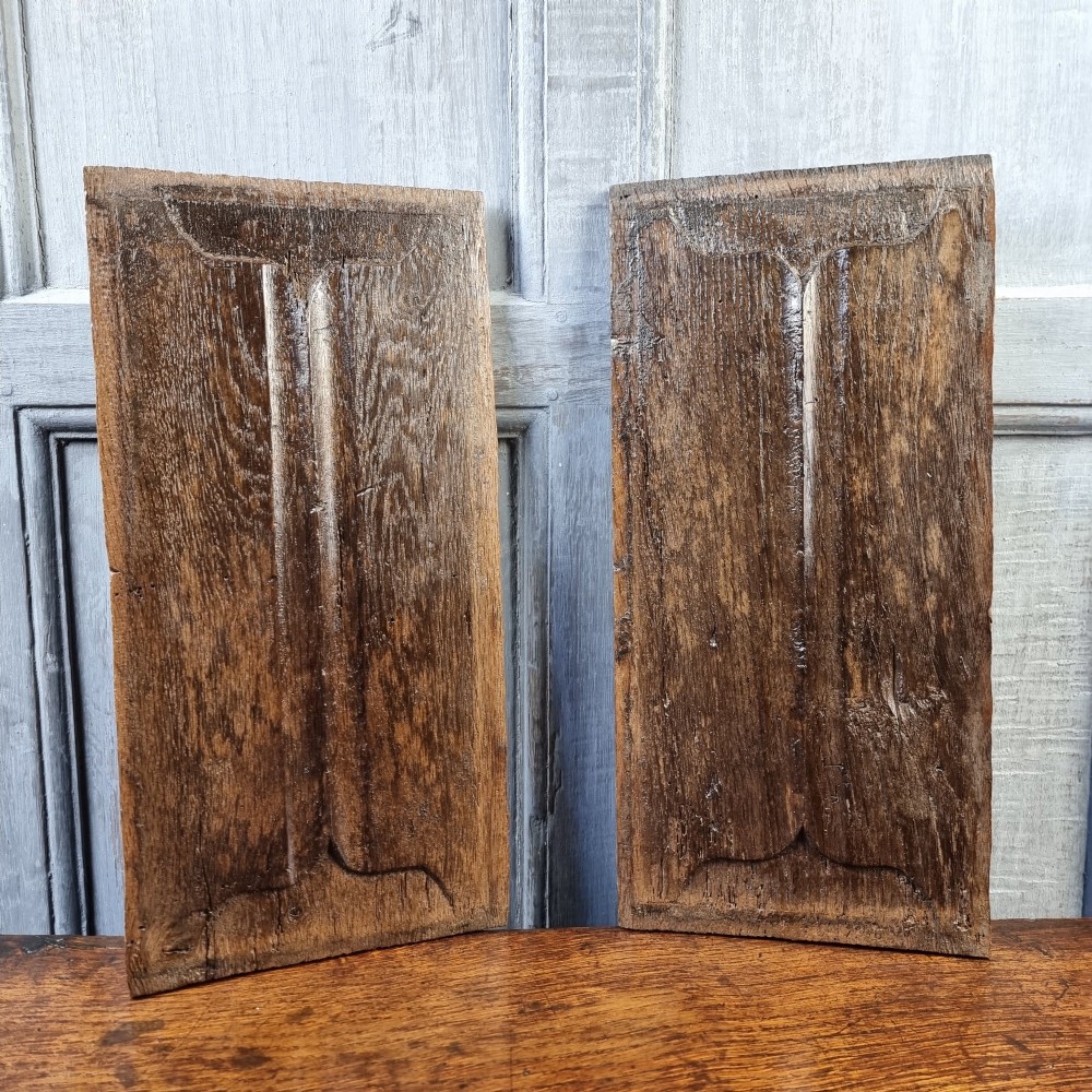 A pair of rectangular dark oak panels featuring traditional hand-carved linenfold relief designs with visible wood grain. View II