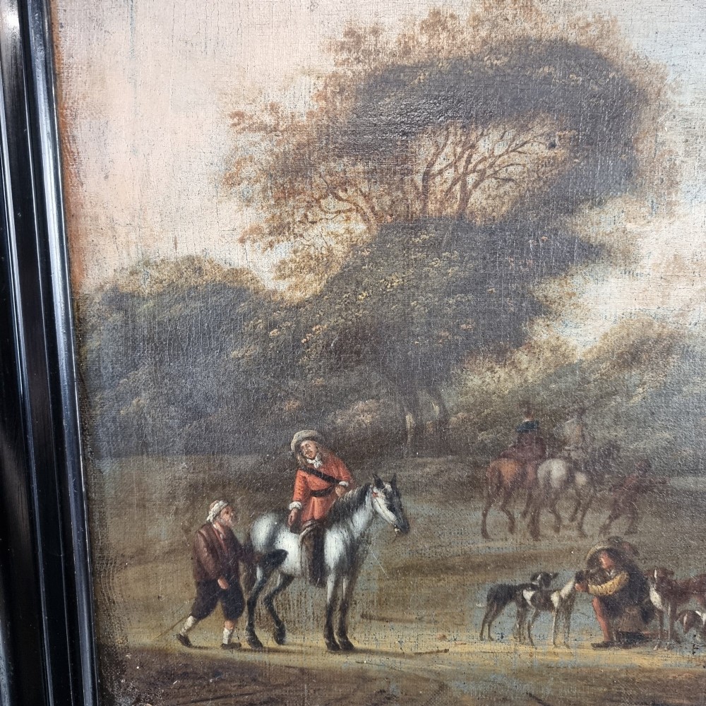 A late 17th-century oil painting on canvas depicting figures with horses and dogs in a pastoral landscape, housed in a black ebonised wooden frame. View II