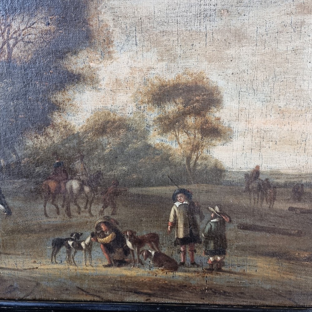 A late 17th-century oil painting on canvas depicting figures with horses and dogs in a pastoral landscape, housed in a black ebonised wooden frame. View III