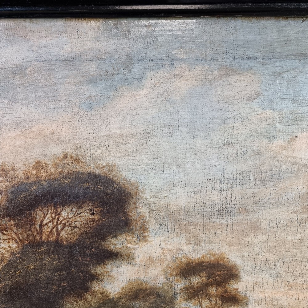 A late 17th-century oil painting on canvas depicting figures with horses and dogs in a pastoral landscape, housed in a black ebonised wooden frame. View VI