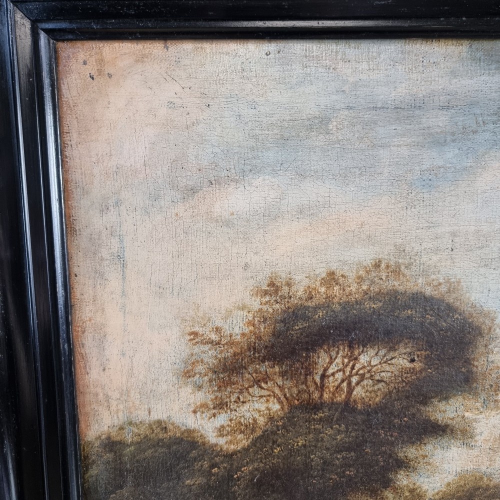 A late 17th-century oil painting on canvas depicting figures with horses and dogs in a pastoral landscape, housed in a black ebonised wooden frame. View VII