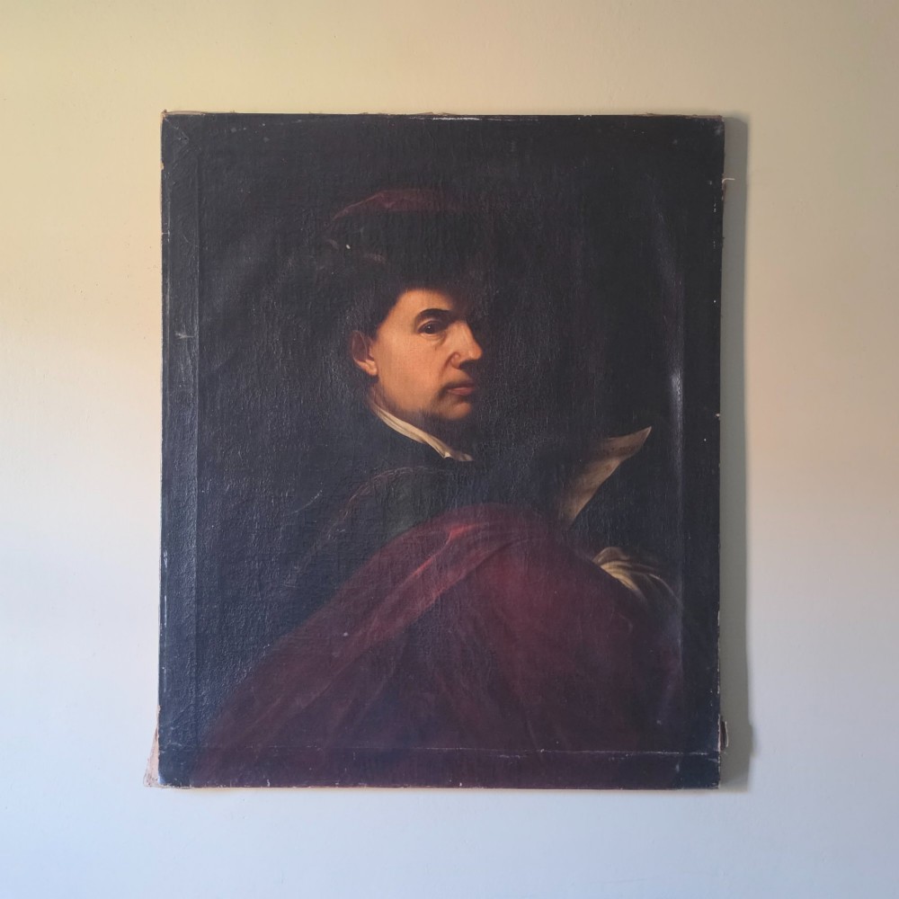 A late 17th to early 18th-century oil portrait depicting a male composer holding a manuscript sheet against a dark background.