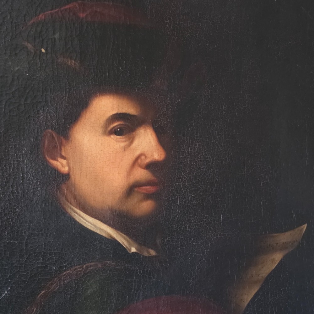 A late 17th to early 18th-century oil portrait depicting a male composer holding a manuscript sheet against a dark background. View III