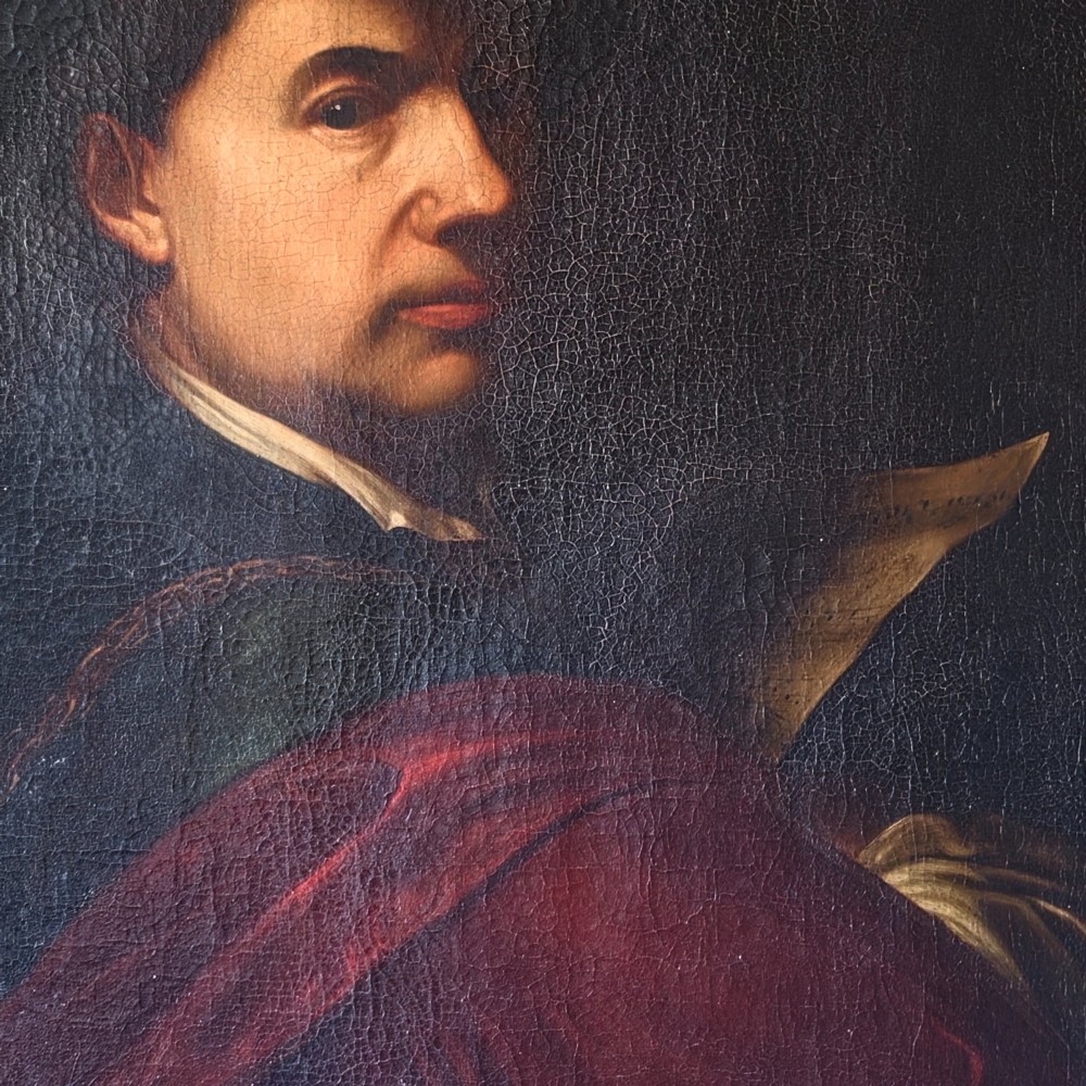 A late 17th to early 18th-century oil portrait depicting a male composer holding a manuscript sheet against a dark background. View IV