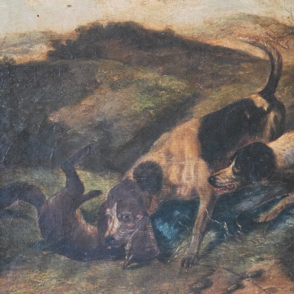 A 19th-century horizontal oil painting on canvas depicting a pack of hunting hounds in a rural landscape, set within an ornate carved gilt frame. View IV