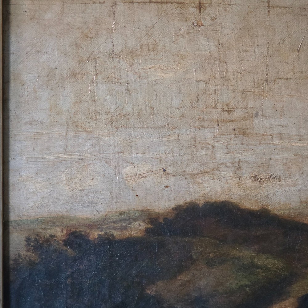 A 19th-century horizontal oil painting on canvas depicting a pack of hunting hounds in a rural landscape, set within an ornate carved gilt frame. View V