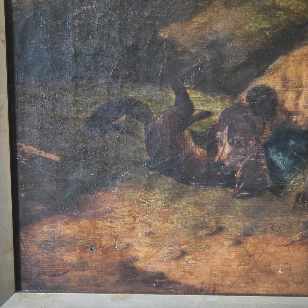 A 19th-century horizontal oil painting on canvas depicting a pack of hunting hounds in a rural landscape, set within an ornate carved gilt frame. View VI