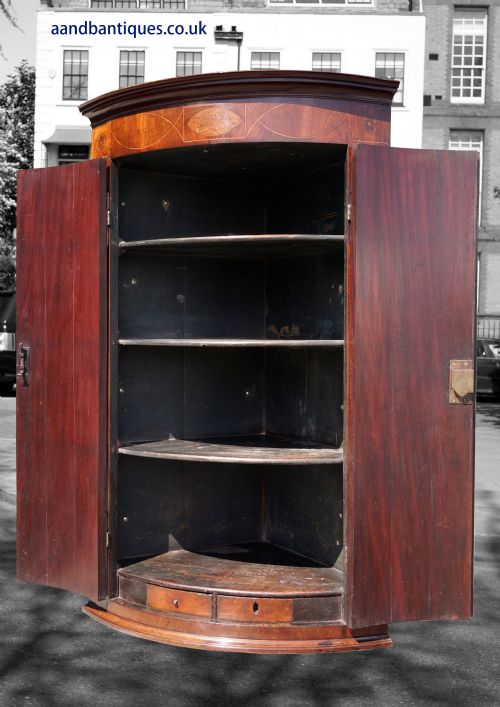 MAHOGANY BOW FRONTED INLAID CORNER CUPBOARD - ADDITIONAL PHOTO 2
