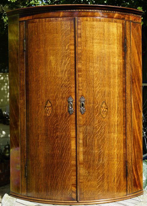 oak bow fronted collector's corner cupboard circa 1800s - CATEGORY: ANTIQUE CUPBOARDS - DATED 19TH CENTURY