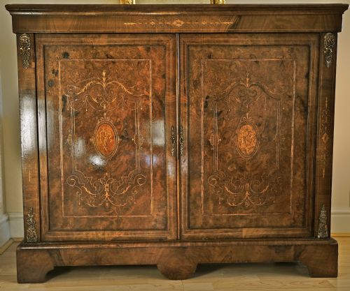 victorian walnut two door cupboard with finely inlaid doors - CATEGORY: ANTIQUE CUPBOARDS - DATED 1890
