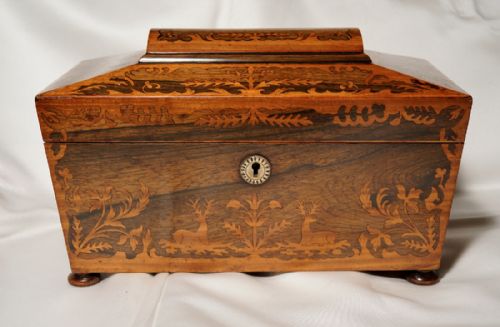 a good rosewood and satinwood inlaid three compatment tea caddy - CATEGORY: ANTIQUE BOXES - DATED GEORGIAN