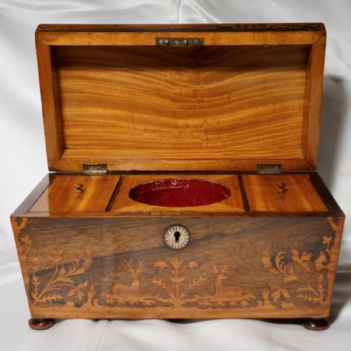 A GOOD ROSEWOOD AND SATINWOOD INLAID THREE COMPATMENT TEA CADDY - ADDITIONAL PHOTO 1