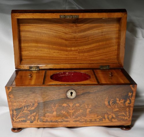 A GOOD ROSEWOOD AND SATINWOOD INLAID THREE COMPATMENT TEA CADDY - ADDITIONAL PHOTO 2