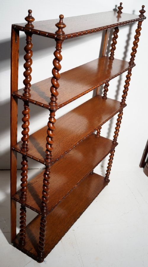 FREE STANDING OR HANGING SET OF VICTORIAN OAK TWIST COLUMNED SHELVES IN EXCELLENT - ADDITIONAL PHOTO 4