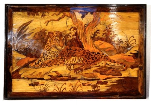 fine indian marquetry panelpicture leopard - CATEGORY: ANTIQUE ART - DATED 1930