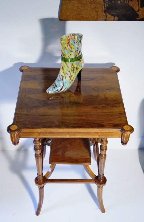 victorian edwardian rosewood and boxwood inlaid twotier occasional table of unusual design beautifully - CATEGORY: ANTIQUE TABLES - DATED VICTORIAN